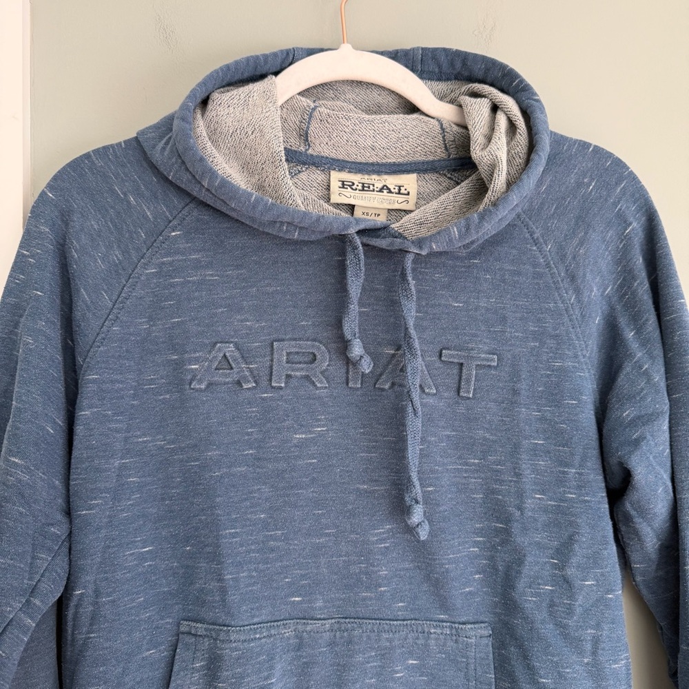 Ariat REAL Logo French Terry Heathered Blue Hoodie Sweatshirt - Picture 5 of 15